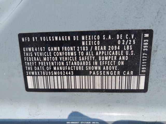 Продаж на аукціоні авто 2025 Volkswagen Jetta 1.5t Sport, vin: 3VWBX7BU9SM062443, номер лоту: 45662637