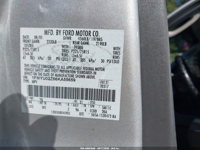 Aukcja sprzedaży 2006 Ford Escape Xls/xls Manual, vin: 1FMYU02Z66KA55659, numer aukcji: 45662646