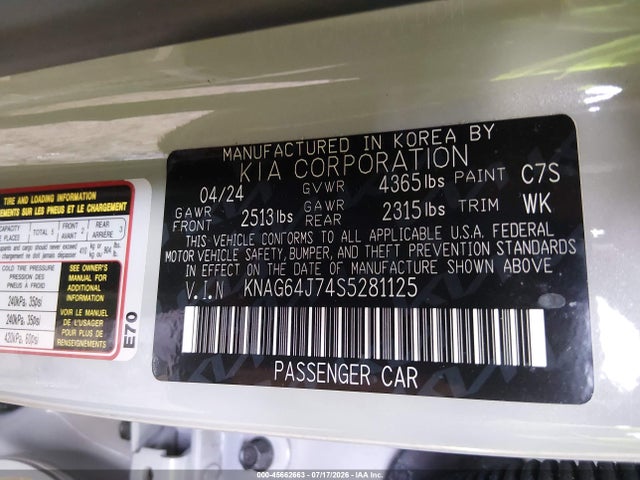 Продажа на аукционе авто 2025 Kia K5 Gt-line, vin: KNAG64J74S5281125, номер лота: 45662663