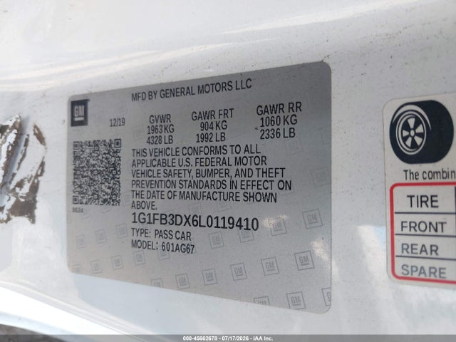 2020 Chevrolet Camaro Rwd  1lt მანქანა იყიდება აუქციონზე, vin: 1G1FB3DX6L0119410, აუქციონის ნომერი: 45662678