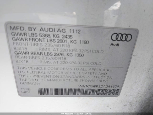 45662679 :رقم المزاد ، WA1CFAFP3DA041674 vin ، 2013 Audi Q5 2.0t Premium مزاد بيع