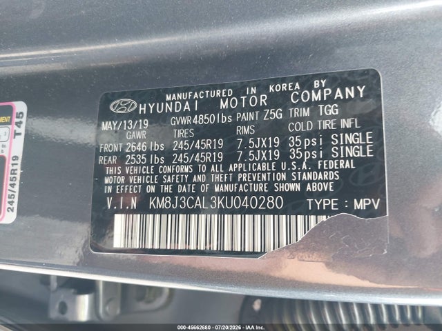 Aukcja sprzedaży 2019 Hyundai Tucson Sport, vin: KM8J3CAL3KU040280, numer aukcji: 45662680