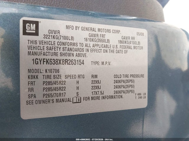 Продаж на аукціоні авто 2008 Cadillac Escalade, vin: 1GYFK638X8R263154, номер лоту: 45662682