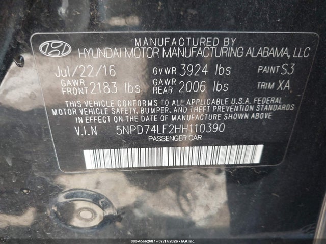 45662687 :رقم المزاد ، 5NPD74LF2HH110390 vin ، 2017 Hyundai Elantra Se مزاد بيع