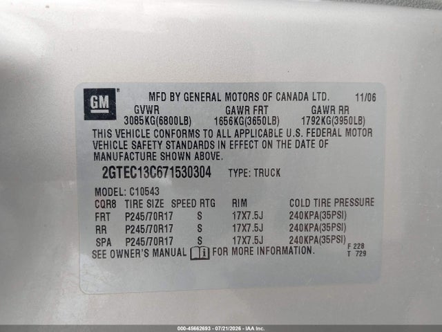 Продаж на аукціоні авто 2007 Gmc Sierra 1500 Work Truck, vin: 2GTEC13C671530304, номер лоту: 45662693