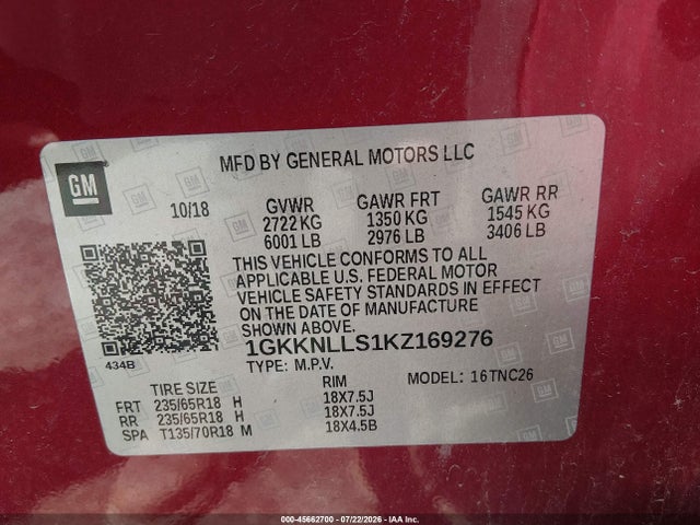 Auction sale of the 2019 Gmc Acadia Sle-2, vin: 1GKKNLLS1KZ169276, lot number: 45662700