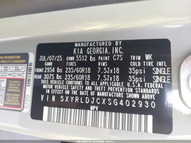 2025 Kia Sorento S მანქანა იყიდება აუქციონზე, vin: 5XYRLDJCXSG402930, აუქციონის ნომერი: 45662716