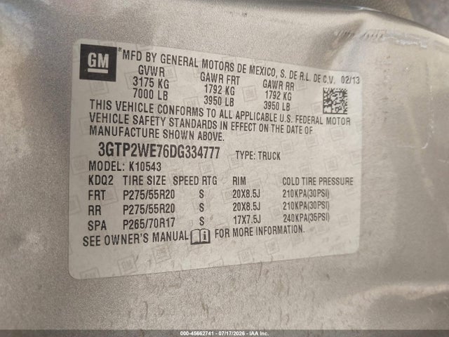 Aukcja sprzedaży 2013 Gmc Sierra 1500 Slt, vin: 3GTP2WE76DG334777, numer aukcji: 45662741