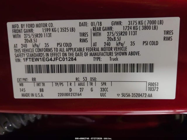 Aukcja sprzedaży 2018 Ford F-150 Platinum, vin: 1FTEW1EG4JFC01284, numer aukcji: 45662748