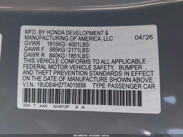 Продаж на аукціоні авто 2026 Acura Integra Fwd, vin: 19UDE4H27TA015658, номер лоту: 45662749