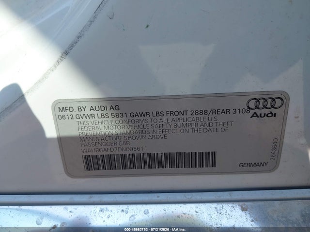 45662752 :رقم المزاد ، WAURGAFD7DN005611 vin ، 2013 Audi A8 L 3.0t مزاد بيع