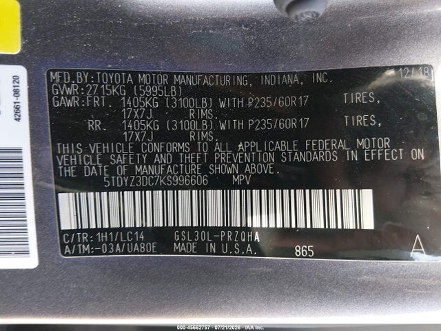 Продаж на аукціоні авто 2019 Toyota Sienna Xle 8 Passenger, vin: 5TDYZ3DC7KS996606, номер лоту: 45662757