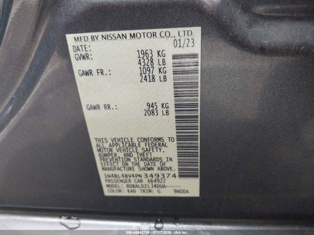 2023 Nissan Altima S Fwd მანქანა იყიდება აუქციონზე, vin: 1N4BL4BV4PN349374, აუქციონის ნომერი: 45662759
