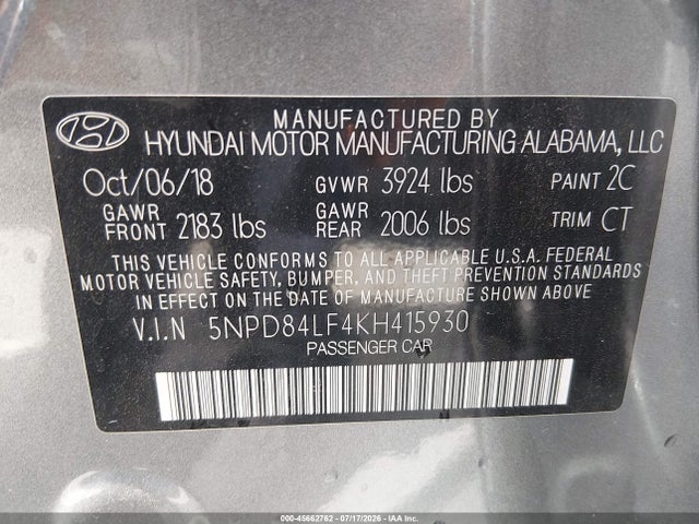 Hyundai ELANTRA SEL 2019 5NPD84LF4KH415930 Image 9