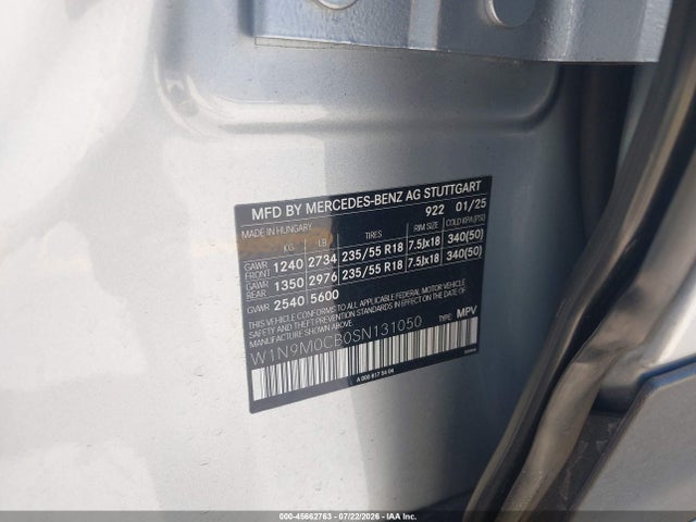 2025 Mercedes-benz Eqb 250 Suv მანქანა იყიდება აუქციონზე, vin: W1N9M0CB0SN131050, აუქციონის ნომერი: 45662763