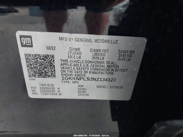 45662768 :رقم المزاد ، 1GKKNPLS2NZ134127 vin ، 2022 Gmc Acadia Fwd Denali مزاد بيع