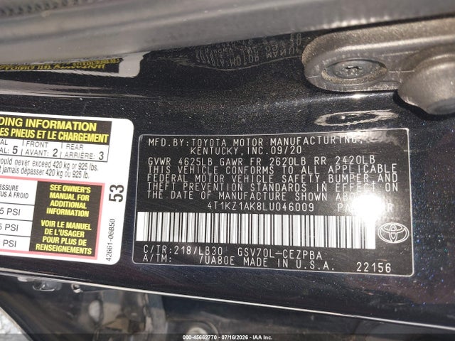 4T1KZ1AK8LU046009 Toyota Camry Xse V6