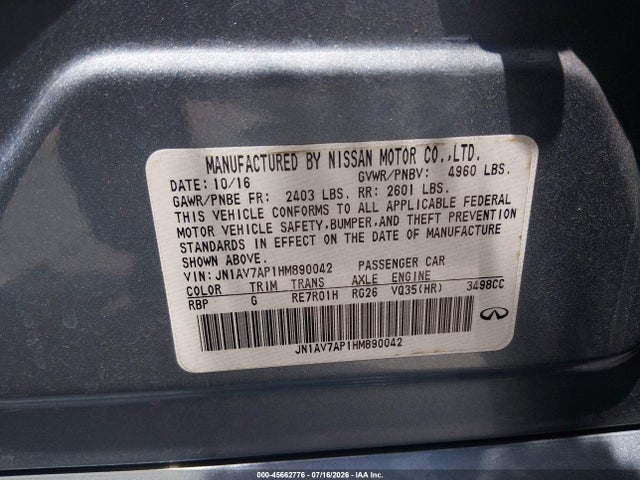 Aukcja sprzedaży 2017 Infiniti Q50 Hybrid, vin: JN1AV7AP1HM890042, numer aukcji: 45662776