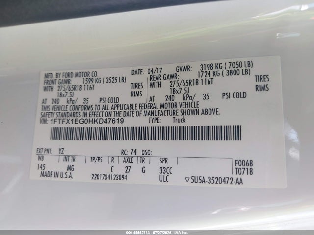 1FTFX1EG0HKD47619 Ford F-150 Xlt