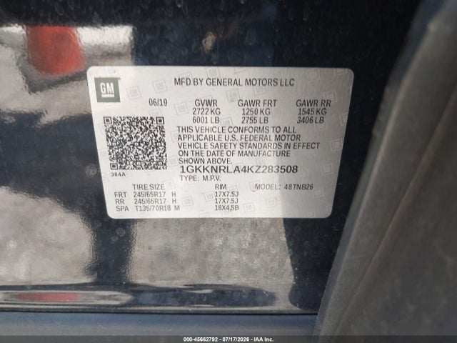 Aukcja sprzedaży 2019 Gmc Acadia Sle-1, vin: 1GKKNRLA4KZ283508, numer aukcji: 45662792