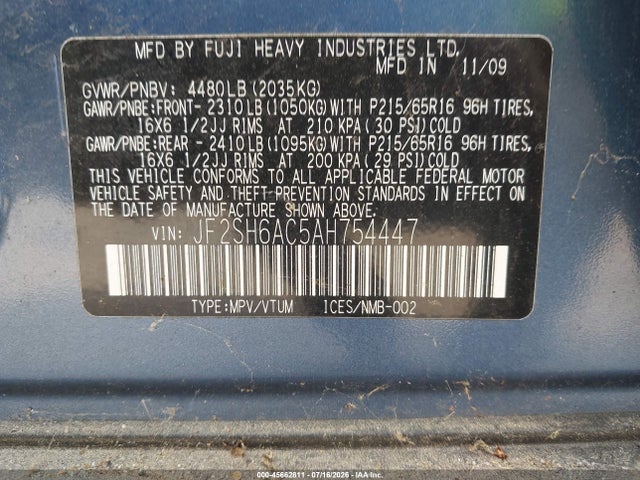 Aukcja sprzedaży 2010 Subaru Forester 2.5x, vin: JF2SH6AC5AH754447, numer aukcji: 45662811