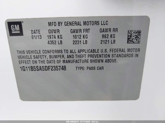 Продаж на аукціоні авто 2013 Chevrolet Malibu 1ls, vin: 1G11B5SA5DF235748, номер лоту: 45662819