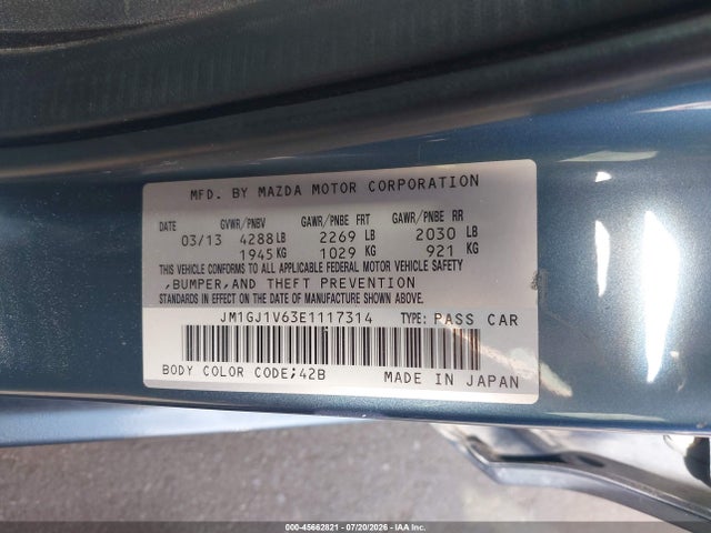2014 Mazda Mazda6 I Touring მანქანა იყიდება აუქციონზე, vin: JM1GJ1V63E1117314, აუქციონის ნომერი: 45662821