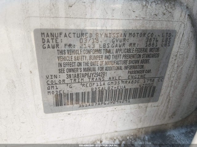 2018 Nissan Sentra S მანქანა იყიდება აუქციონზე, vin: 3N1AB7AP6JY294291, აუქციონის ნომერი: 45662840