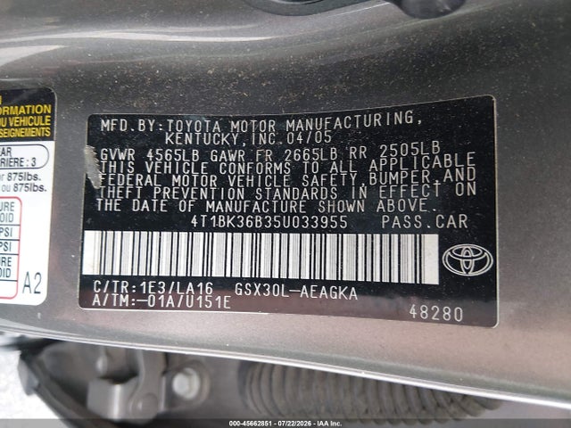 45662851 :رقم المزاد ، 4T1BK36B35U033955 vin ، 2005 Toyota Avalon Xls مزاد بيع