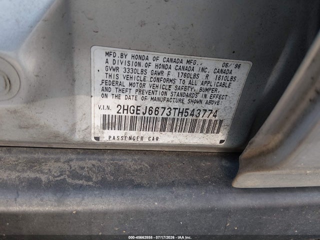 45662858 :رقم المزاد ، 2HGEJ6673TH543774 vin ، 1996 Honda Civic Lx مزاد بيع