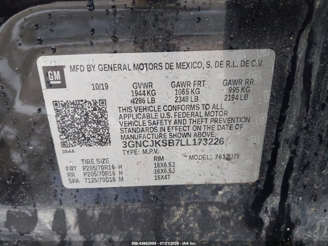 3GNCJKSB7LL173226 Chevrolet Trax Fwd Ls