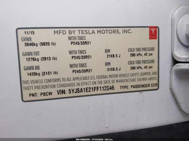 Aukcja sprzedaży 2015 Tesla Model S 70d/85d/p85d, vin: 5YJSA1E21FF112046, numer aukcji: 45662893