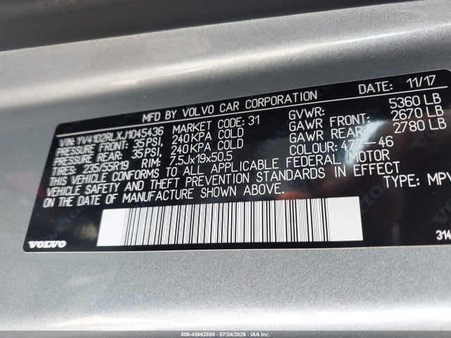 Aukcja sprzedaży 2018 Volvo Xc60 T5 Inscription, vin: YV4102RLXJ1045436, numer aukcji: 45662898