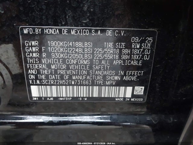 Aukcja sprzedaży 2026 Honda Hr-v Awd Sport, vin: 3CZRZ2H52TM731663, numer aukcji: 45662904