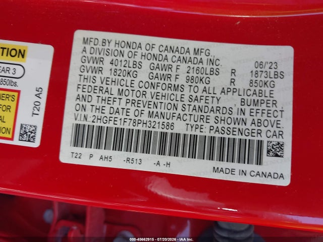 Продаж на аукціоні авто 2023 Honda Civic Ex/ex W/o Bsi, vin: 2HGFE1F78PH321586, номер лоту: 45662915