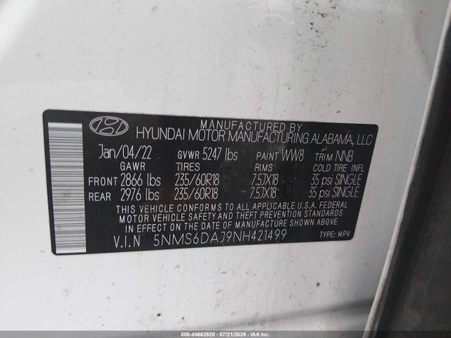 2022 Hyundai Santa Fe Xrt მანქანა იყიდება აუქციონზე, vin: 5NMS6DAJ9NH421499, აუქციონის ნომერი: 45662920