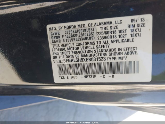 5FNRL5H9XEB031523 Honda Odyssey Touring/touring Elite