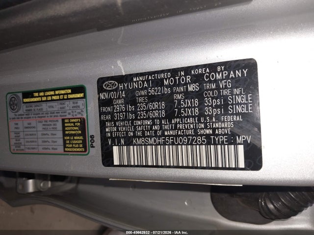 45662932 :رقم المزاد ، KM8SMDHF5FU097285 vin ، 2015 Hyundai Santa Fe Gls مزاد بيع