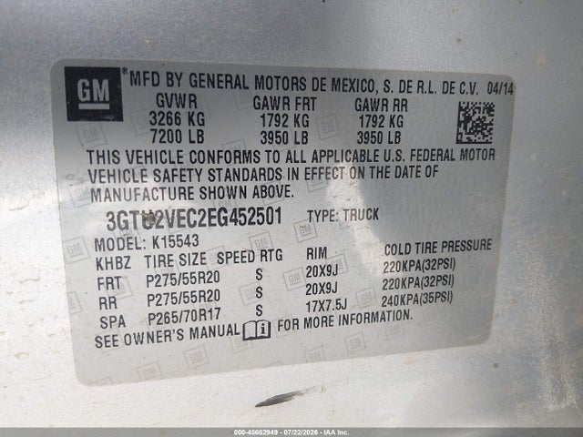 2014 Gmc Sierra 1500 Slt მანქანა იყიდება აუქციონზე, vin: 3GTU2VEC2EG452501, აუქციონის ნომერი: 45662949