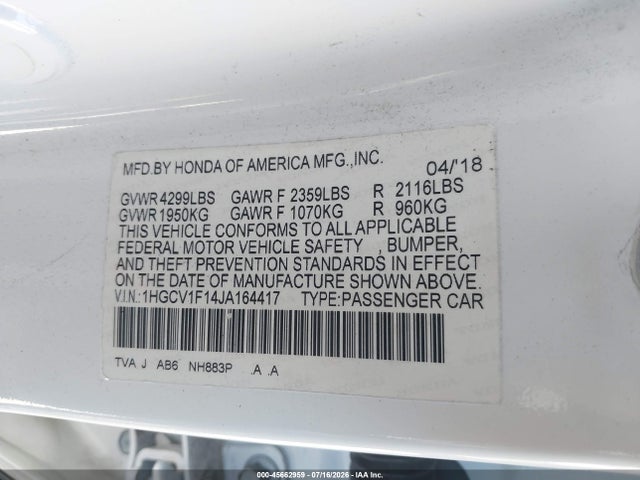 Honda ACCORD LX 2018 1HGCV1F14JA164417 Image 9