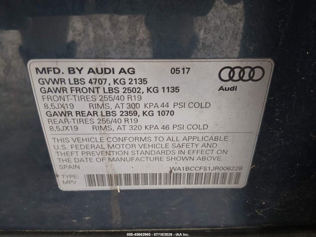 Продажа на аукционе авто 2018 Audi Q3 2.0t Premium/2.0t Sport Premium, vin: WA1BCCFS1JR006228, номер лота: 45662960