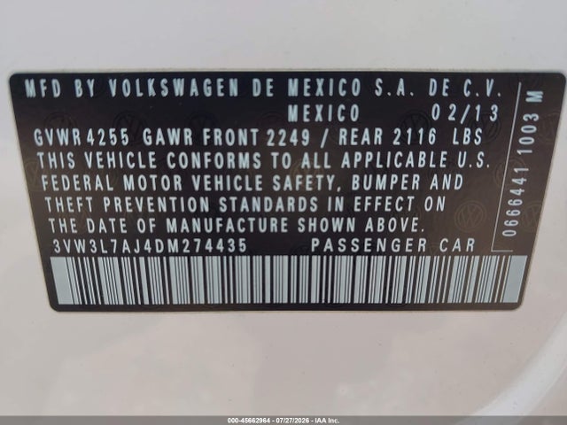2013 Volkswagen Jetta 2.0l Tdi მანქანა იყიდება აუქციონზე, vin: 3VW3L7AJ4DM274435, აუქციონის ნომერი: 45662964