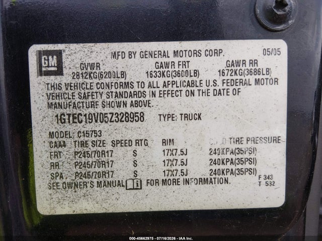 Aukcja sprzedaży 2005 Gmc Sierra 1500 Sle, vin: 1GTEC19V05Z328958, numer aukcji: 45662975