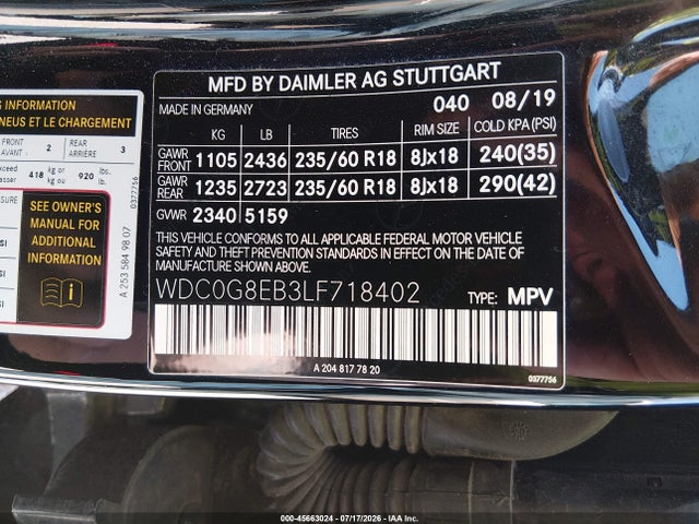 Aukcja sprzedaży 2020 Mercedes-benz Glc 300 4matic, vin: WDC0G8EB3LF718402, numer aukcji: 45663024