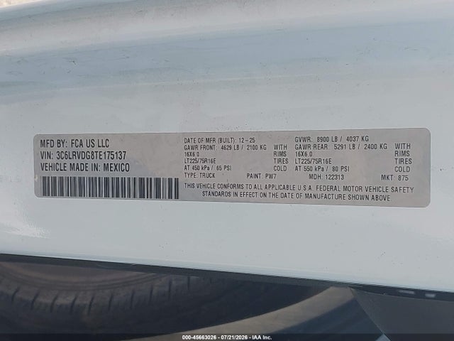 45663026 :رقم المزاد ، 3C6LRVDG8TE175137 vin ، 2026 Ram Promaster 2500 Tradesman High Roof 159 Wb W/pass Seat مزاد بيع