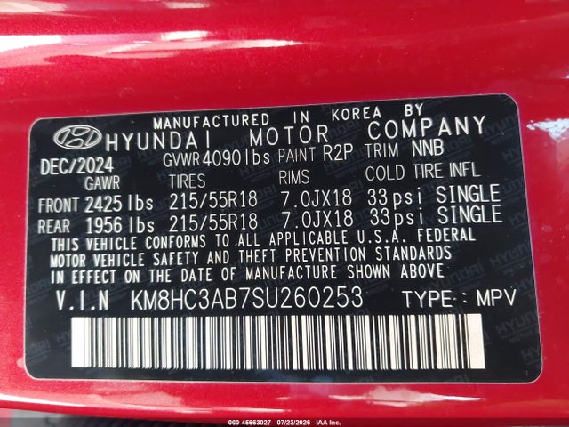Aukcja sprzedaży 2025 Hyundai Kona Sel Convenience, vin: KM8HC3AB7SU260253, numer aukcji: 45663027
