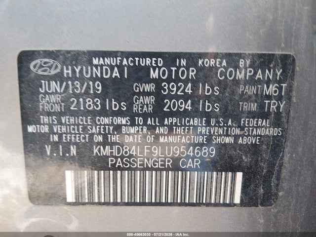 45663030 :رقم المزاد ، KMHD84LF9LU954689 vin ، 2020 Hyundai Elantra Value Edition مزاد بيع