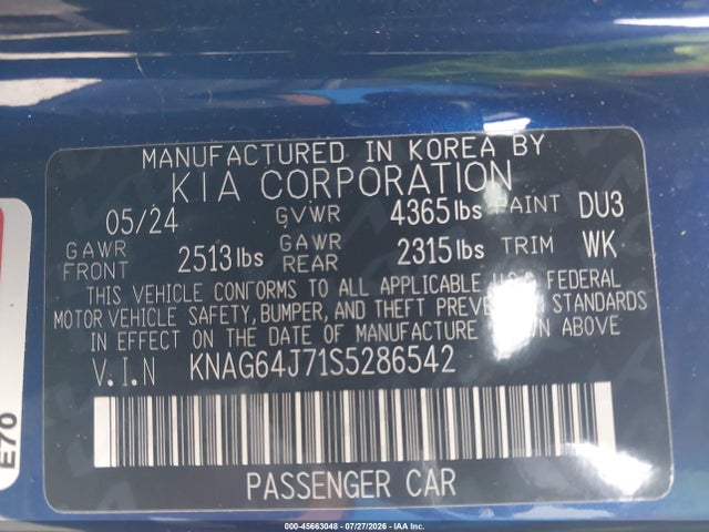 Продажа на аукционе авто 2025 Kia K5 Gt-line, vin: KNAG64J71S5286542, номер лота: 45663048