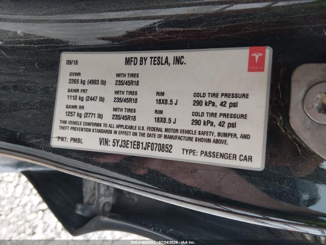 2018 Tesla Model 3 Long Range/performance მანქანა იყიდება აუქციონზე, vin: 5YJ3E1EB1JF070852, აუქციონის ნომერი: 45663053