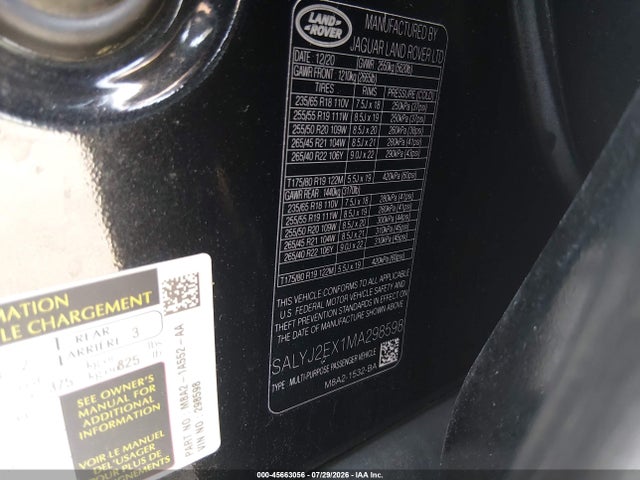 Aukcja sprzedaży 2021 Land Rover Range Rover Velar P250 S, vin: SALYJ2EX1MA298598, numer aukcji: 45663056